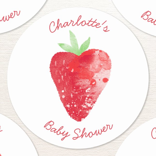 Strawberry Watercolor Personalisiert Babydusche Runder Aufkleber (Sweet strawberry watercolor personalized custom name text baby shower sticker)