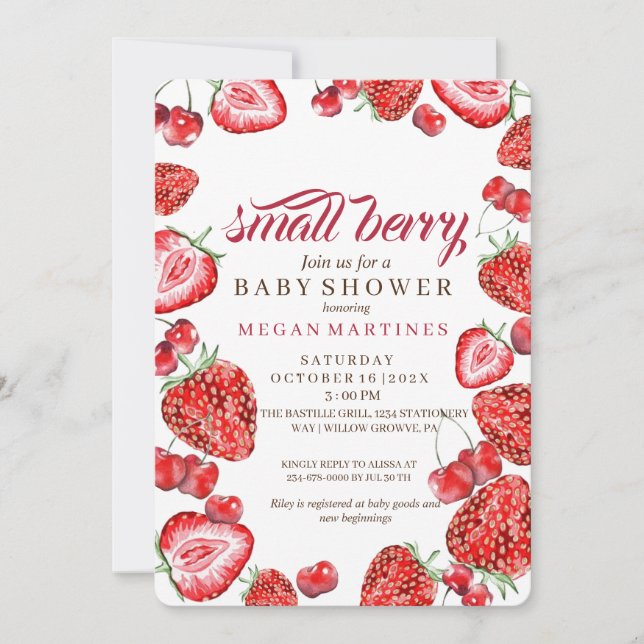 Strawberry Watercolor Script Girl Baby Dusche Einladung (Vorderseite)