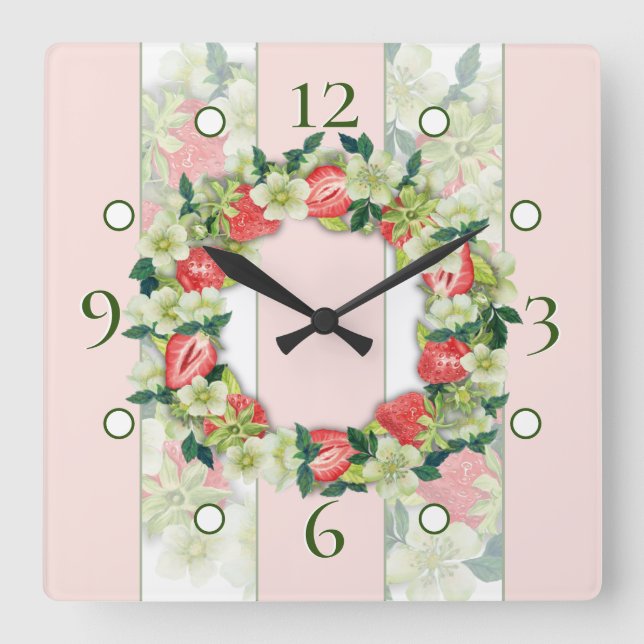 Strawberry Wreath Streifenwall-Uhr Quadratische Wanduhr (Vorderseite)