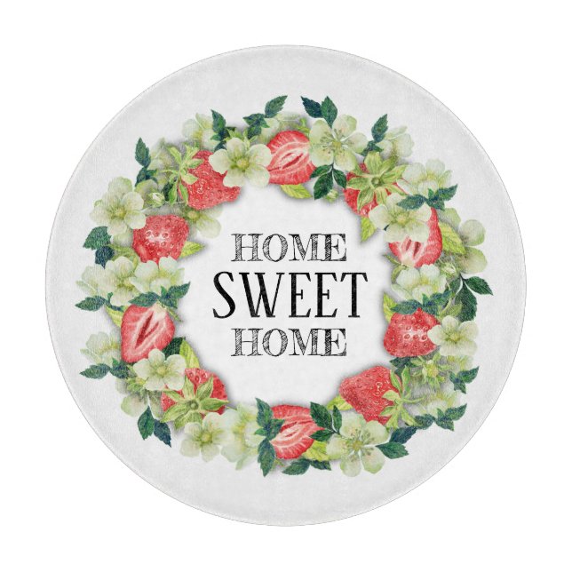 Strawberry Wreath Zuhause Sweet Zuhause Round Schneidebrett (Vorderseite)