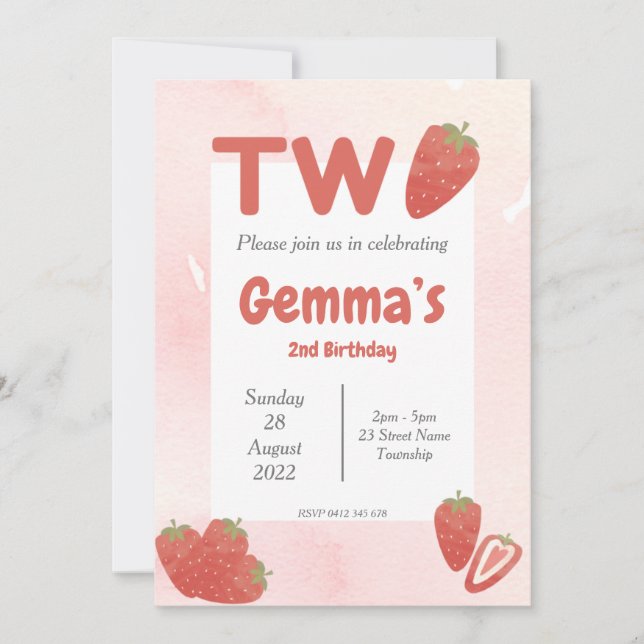 Strawberry Zwei Geburtstag Einladung (Vorderseite)