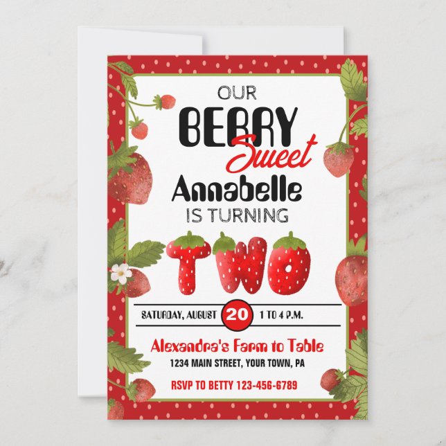 Strawberry Zweite Geburtstagsparty Einladung (Vorderseite)