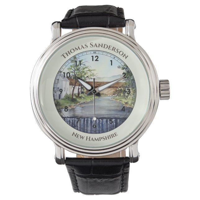 Stream New England Landscape Wasserfarben Malerei Armbanduhr (Vorderseite)