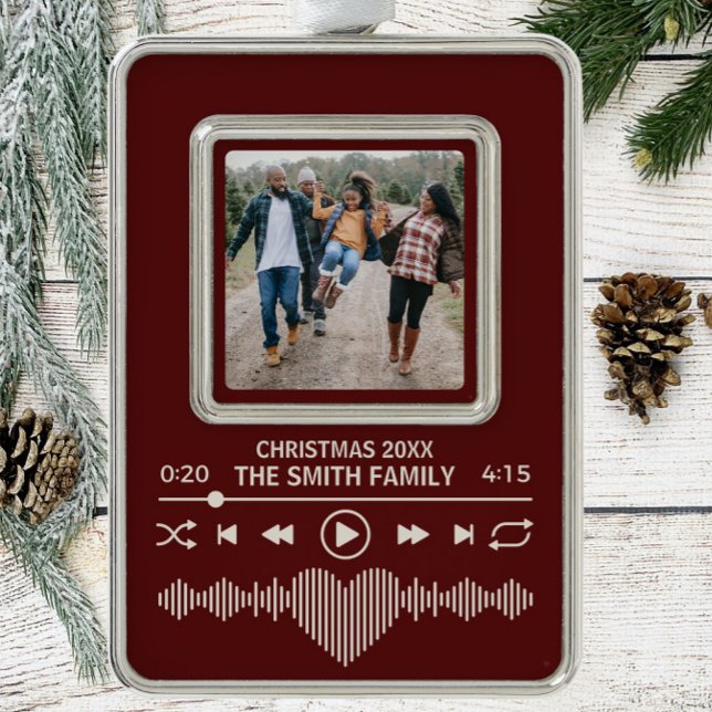 Streaming Music Player Red Foto Holiday Rahmen-Ornament Silber (red christmas ornament streaming music themed with space for a family photo)