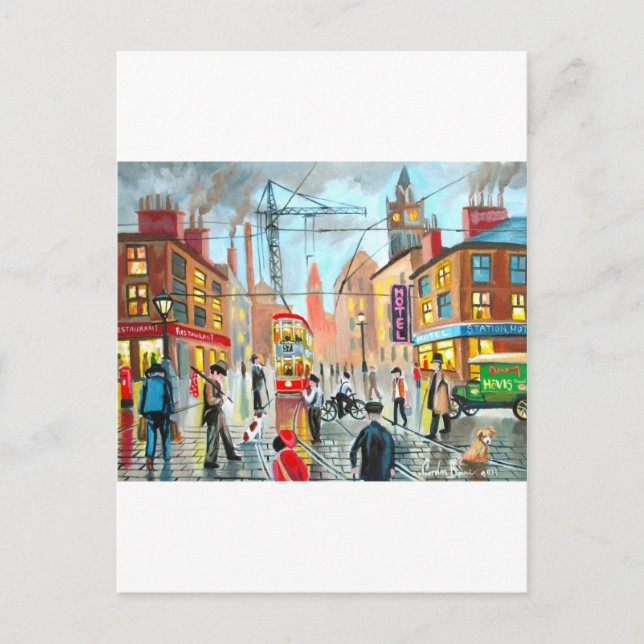 Street Life belebt nostalgische Tram City scape Oi Postkarte (Vorderseite)