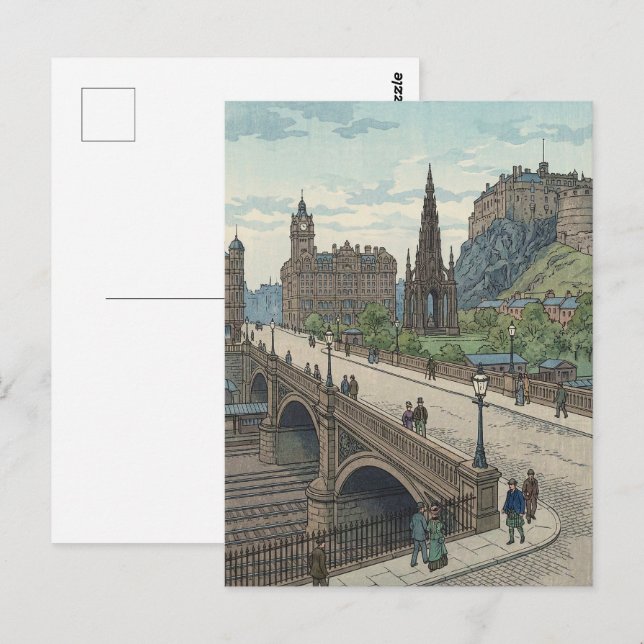 Street of Edinburgh Old Town Japanese Woodblock Pr Postkarte (Vorne/Hinten)