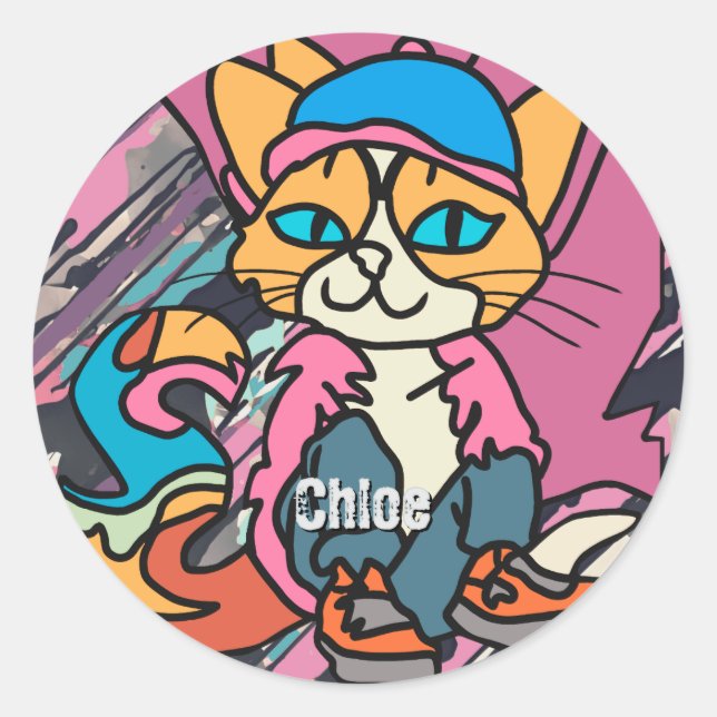 Street Retro Cat, Cap and Sneakers| Funny Runder Aufkleber (Vorderseite)