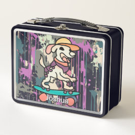 Street Retro Dog auf Skateboard | Funny Metall Brotdose