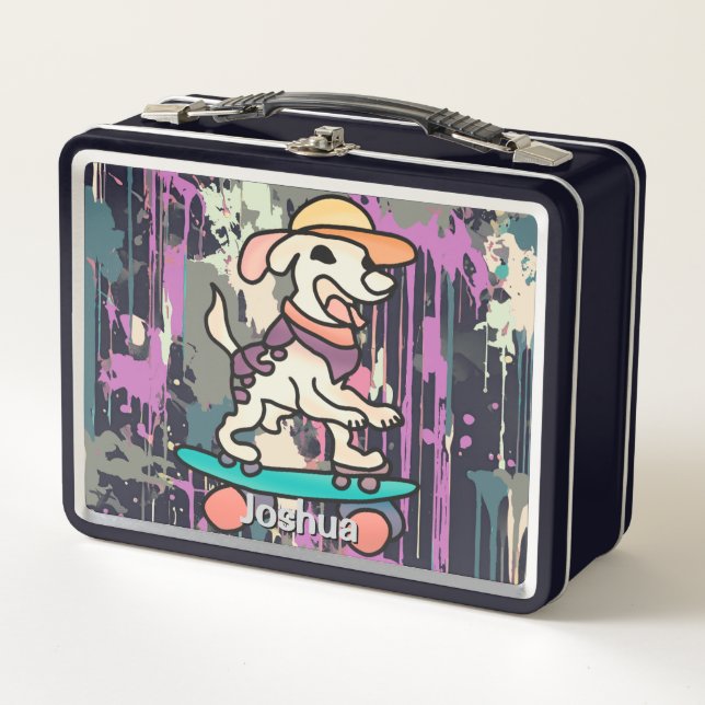 Street Retro Dog auf Skateboard | Funny Metall Brotdose (Vorderseite)