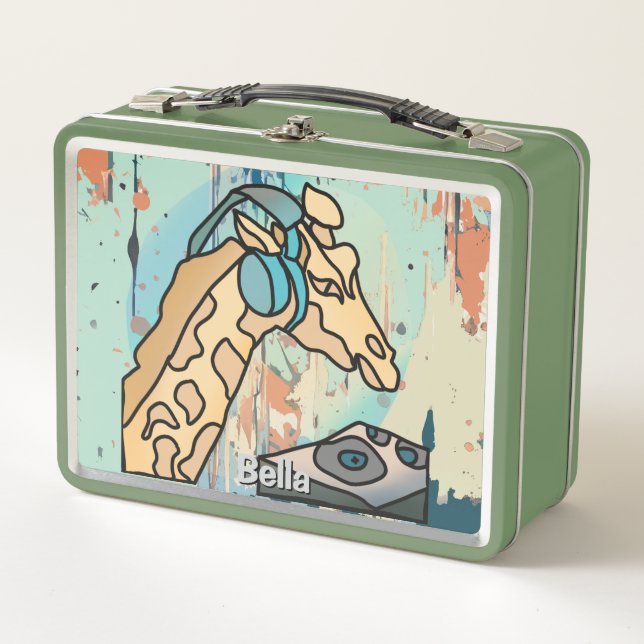 Street Retro Giraffe mit Kopfhörern Metall Brotdose (Vorderseite)