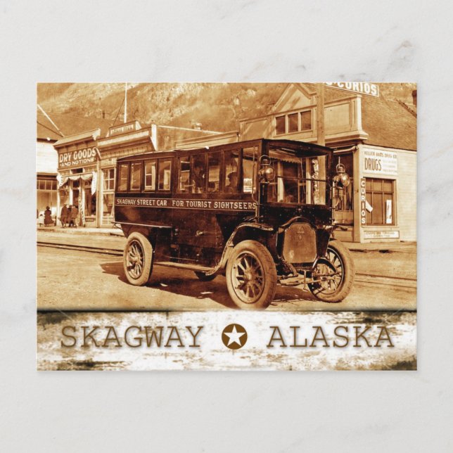 Streetcar on Broadway Ave, Skagway, Alaska Postkarte (Vorderseite)