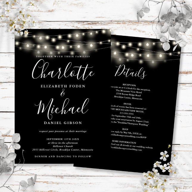 Streichleuchten schwarz und weiß in einer Hochzeit Einladung (String Lights Black And White All In One Wedding Invitation)