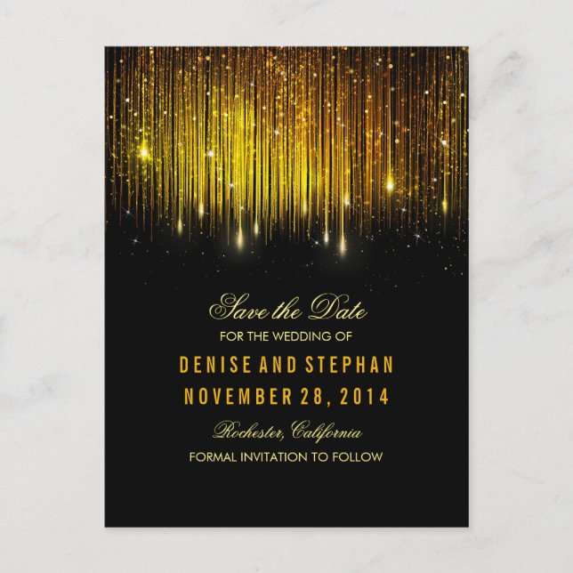 Streichlichter Goldbarren Save the Date schwarz Ankündigungspostkarte (Vorderseite)