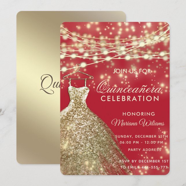 Streichlichter Goldkleid für roten Glitzer Einladung (Vorne/Hinten)