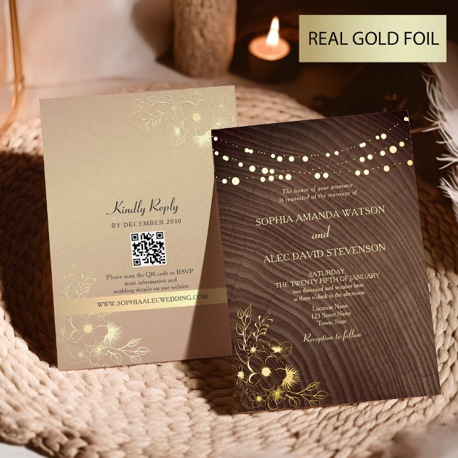 Streichlichter und Stallholz-Hochzeit Gold Folieneinladung (Von Creator hochgeladen)