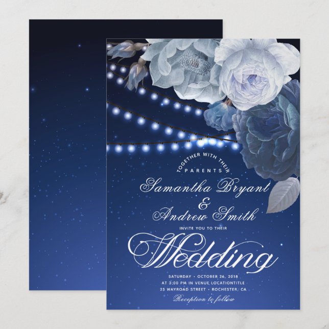 Streichlichtsterne Blau Elegante Hochzeit Einladung (Vorne/Hinten)