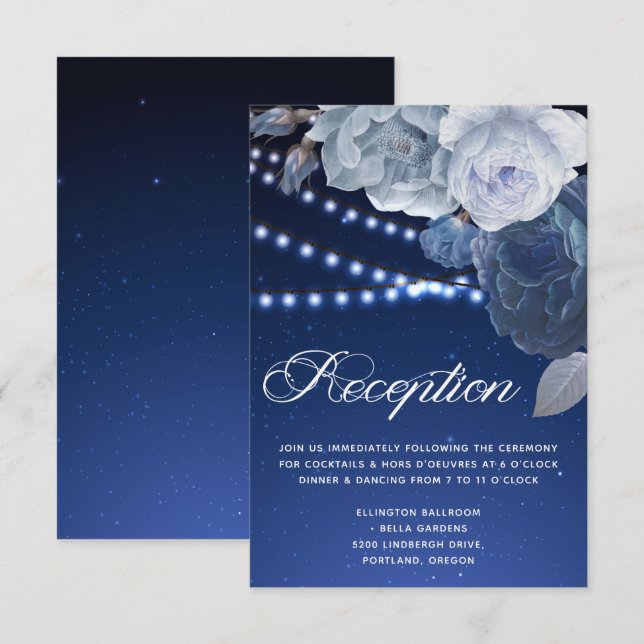 Streichlichtsterne Blue Elegant Wedding Empfang Einladung (Vorne/Hinten)