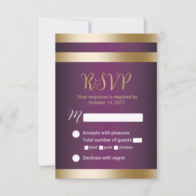Streifen aus Gold Foil Elegante Lila Hochzeit RSVP (Vorderseite)