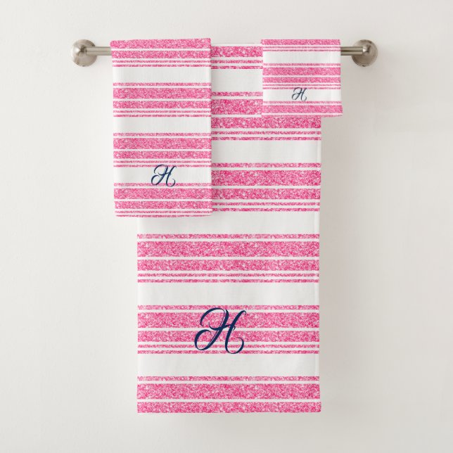 Streifen aus rosa und weißem Glitzer, Monogramm Badhandtuch Set (Insitu)