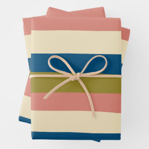 Streifen - Blau, Olivgrün, Rosa und Creme Geschenkpapier Set