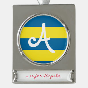 Streifen Blau und Gelb Anpassbar Banner-Ornament Silber