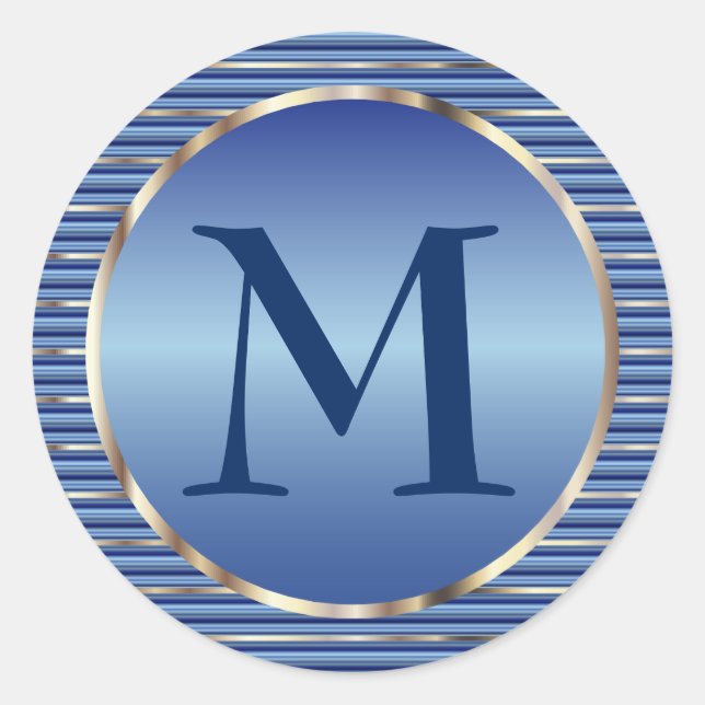 Streifen Blau und Silber Monogramm Runder Aufkleber (Vorderseite)