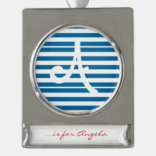 Streifen   Blau und Weiß   Anpassbar   Banner-Ornament Silber
