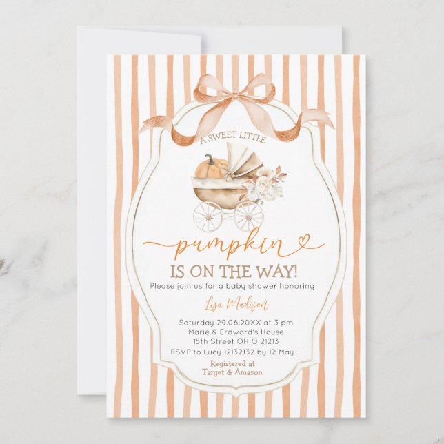 Streifen Bow Sweet Little Pumpkin Baby Dusche Einladung (Vorderseite)