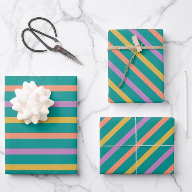 Streifen Bright Orange Grün und Lila Geschenkpapier Set (Vorderseite)