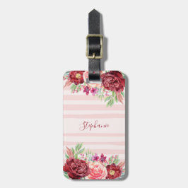 Streifen Burgundy Blush Floral Monogram Gepäckanhänger