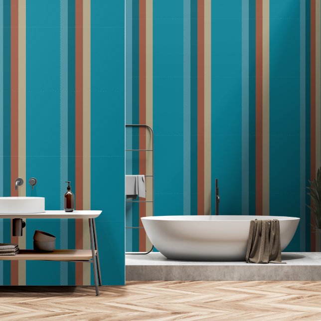 Streifen Cool Blaues Aqua Brauner Roststein Graues Tapete (Badezimmer)