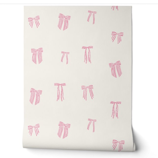 Streifen Coquette Bows pink auf Creme Tapete (Abrollen)