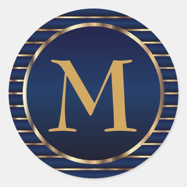 Streifen Dunkelblauer und goldener Monogramm-Umsch Runder Aufkleber (Vorderseite)