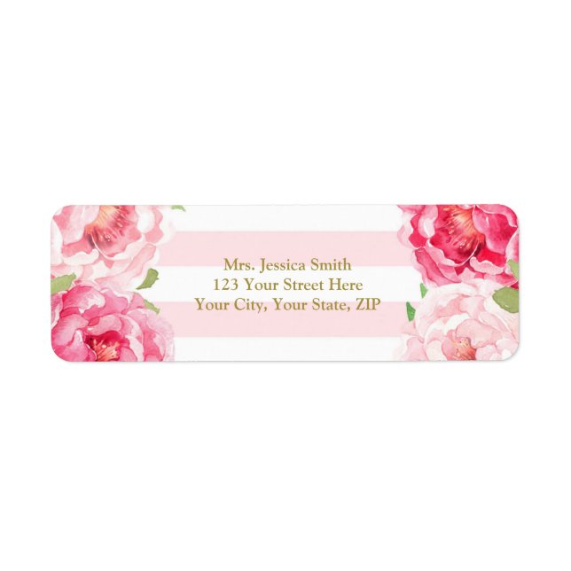 Streifen Gold Pink Blush Floral Rücksendeadresse E (Vorne)