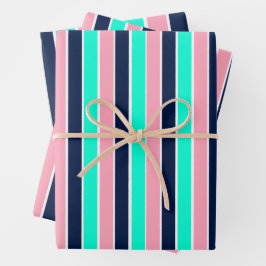 Streifen in Minzgrün, Rosa und Navy Blue Geschenkpapier Set