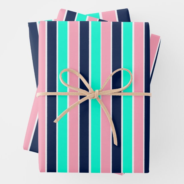 Streifen in Minzgrün, Rosa und Navy Blue Geschenkpapier Set (Beispiel)