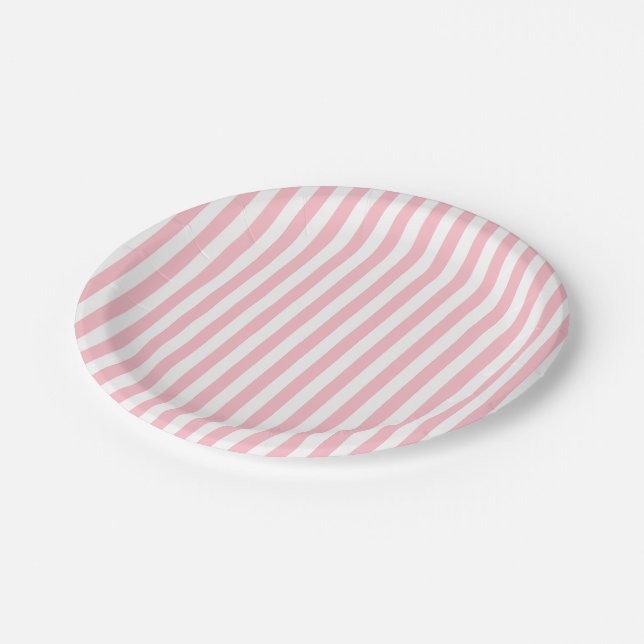 Streifen in rosa und weiß mittlerer Größe Pappteller (Schrägansicht)