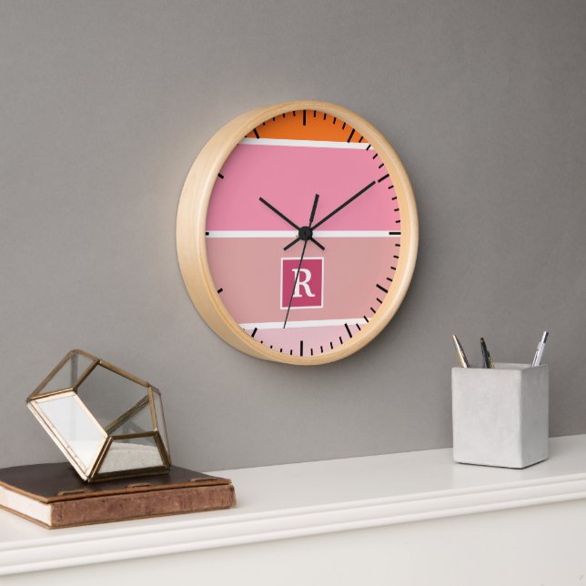 Streifen in rosa, weiß und orange mit Monogramm Uhr (Büro)