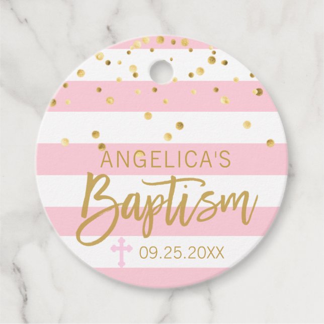 Streifen Kreuz PINK Gold MÄDCHEN BAPTISM Geschenkanhänger (Vorderseite)
