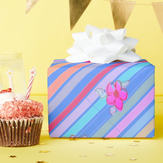 Streifen mit blauem und rosafarbenem Blumenpapier Geschenkpapier (Geburtstagsparty)