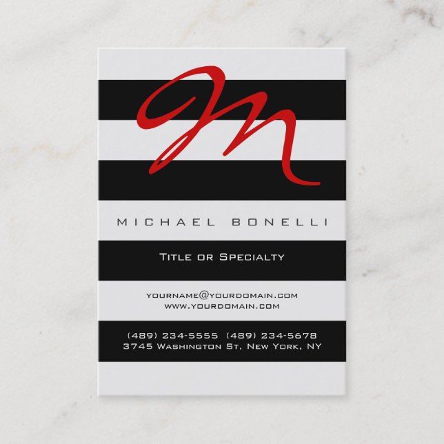 Streifen Monogram Red Calligraphy Business Card Visitenkarte (Vorderseite)