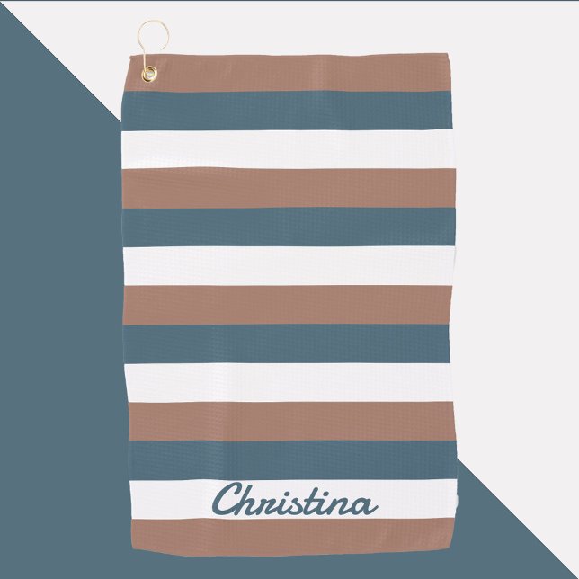 Streifen Muster personalisieren Aquamarines Braun Golfhandtuch (A golf towel with brown, teal and white stripes.  The name can be changed and personalized.)