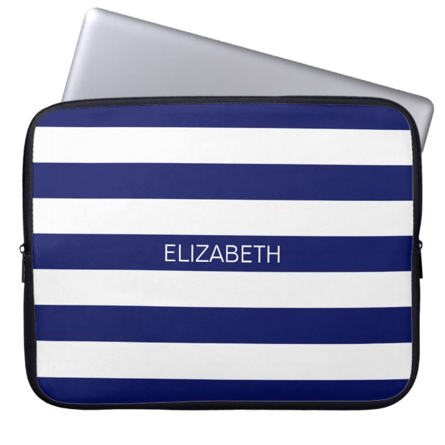 Streifen-Namen-Monogramm des Marine-Blau-5c Laptopschutzhülle (Vorderseite)
