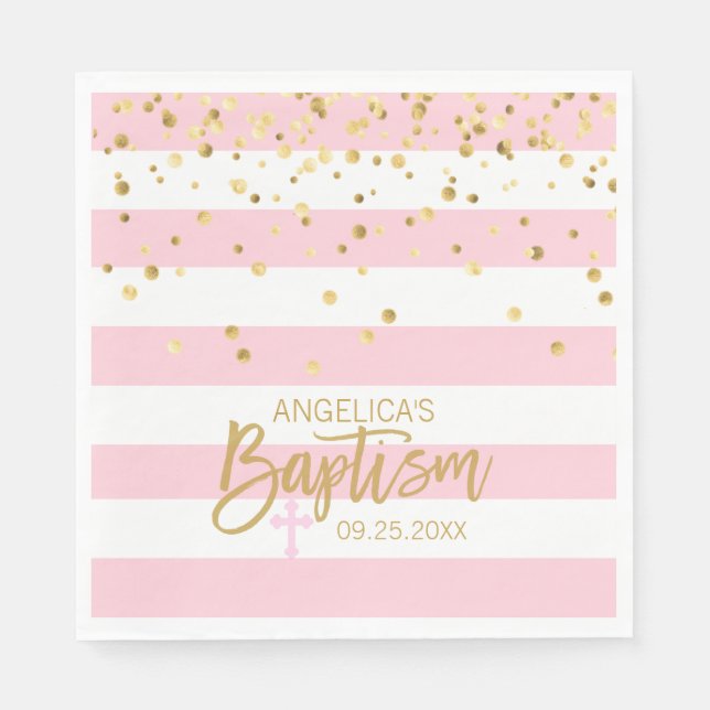 Streifen Pastel PINK Gold MIRL BAPTISM Luncheon Serviette (Vorderseite)