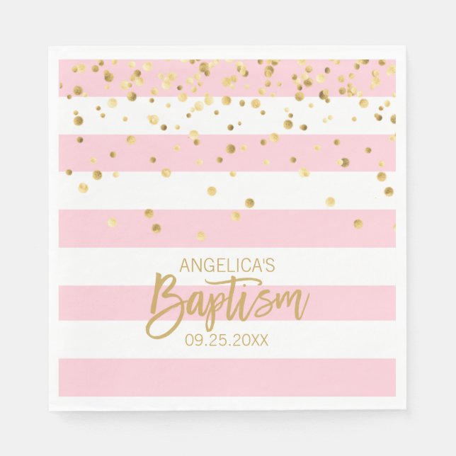 Streifen Pastel PINK Gold MIRL BAPTISM Luncheon Serviette (Vorderseite)