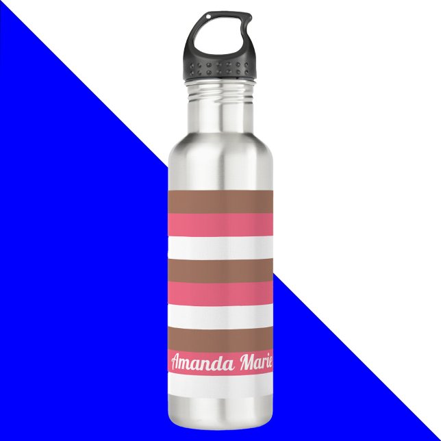 Streifen personalisieren rosa braun edelstahlflasche (A pink, brown and white stripe water bottle with text that you can personalize!)