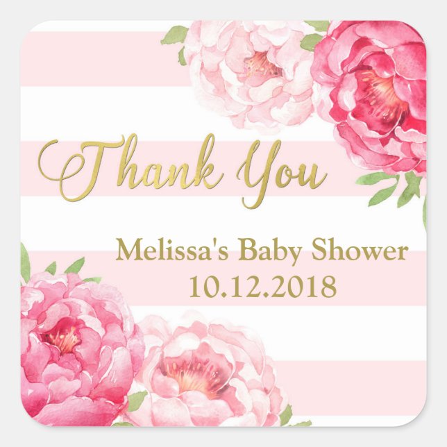 Streifen Pink Blush Bloral Baby Dusche Vielen Dank Quadratischer Aufkleber (Vorderseite)