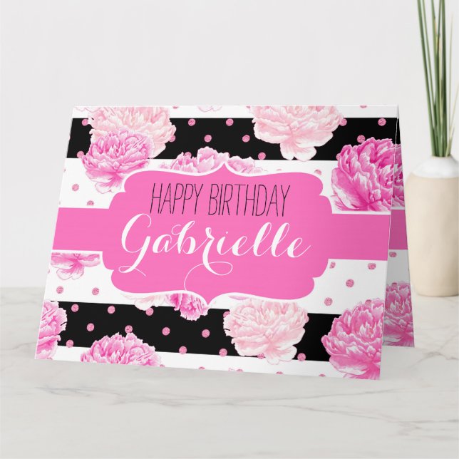 Streifen Pink Floral Wasserfarbe Chic Happy Geburt Karte (Vorderseite)