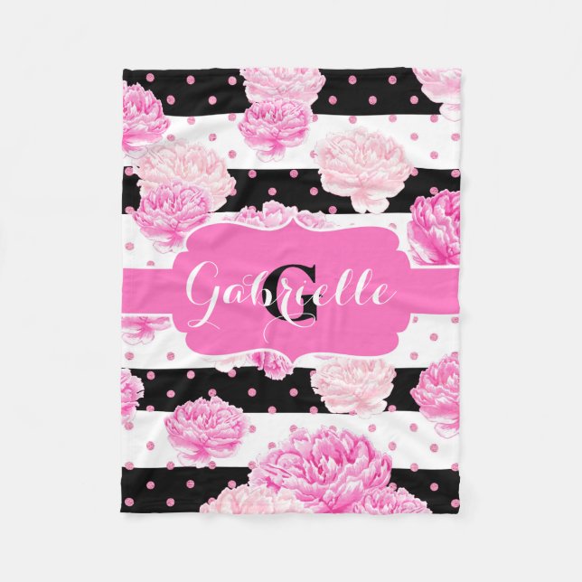 Streifen Pink Watercolor Floral Baby Monogram Fleecedecke (Vorderseite)