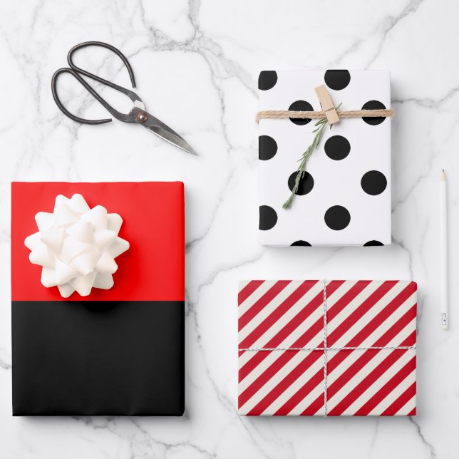 Streifen Polka Dot Rot und Schwarz Geschenkpapier Set (Vorderseite)